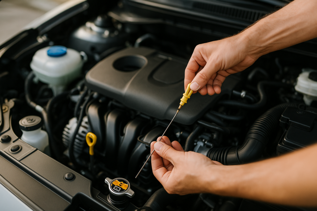 Verificação dos níveis de fluidos do motor num carro de renting antes de viagem longa