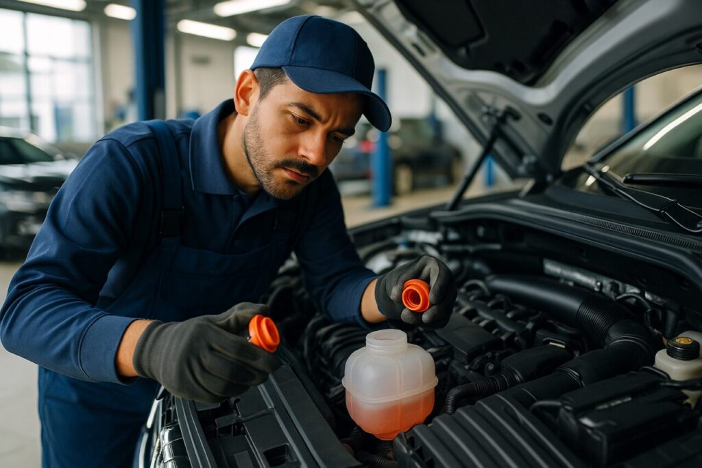 Mecânico a verificar o nível do líquido de arrefecimento do motor de um carro moderno numa oficina portuguesa