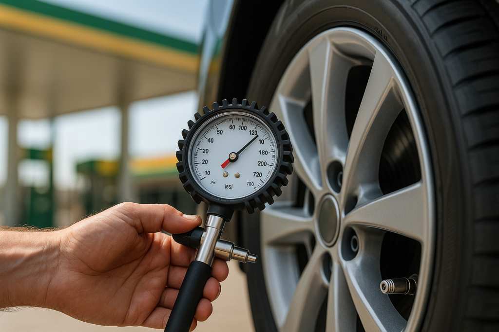 Verificação da pressão dos pneus do carro de renting numa bomba de gasolina em Portugal