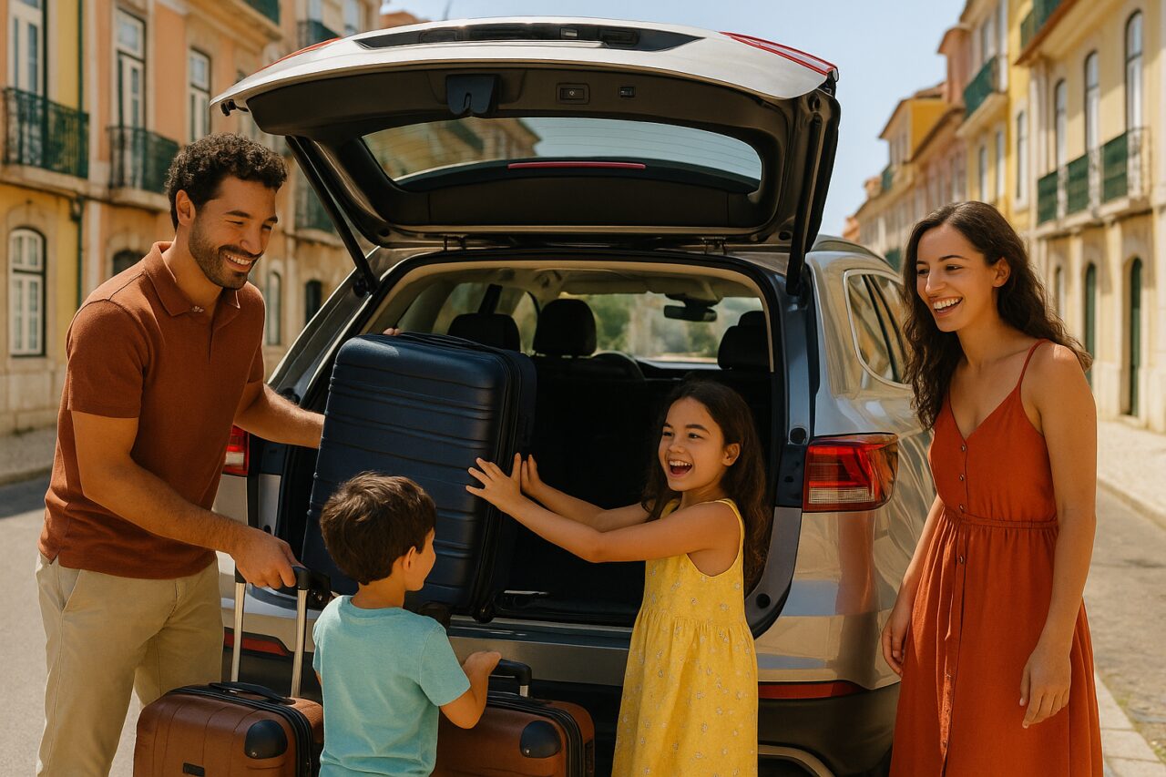 Família portuguesa feliz a carregar bagagem num SUV espaçoso para uma viagem de carro com crianças