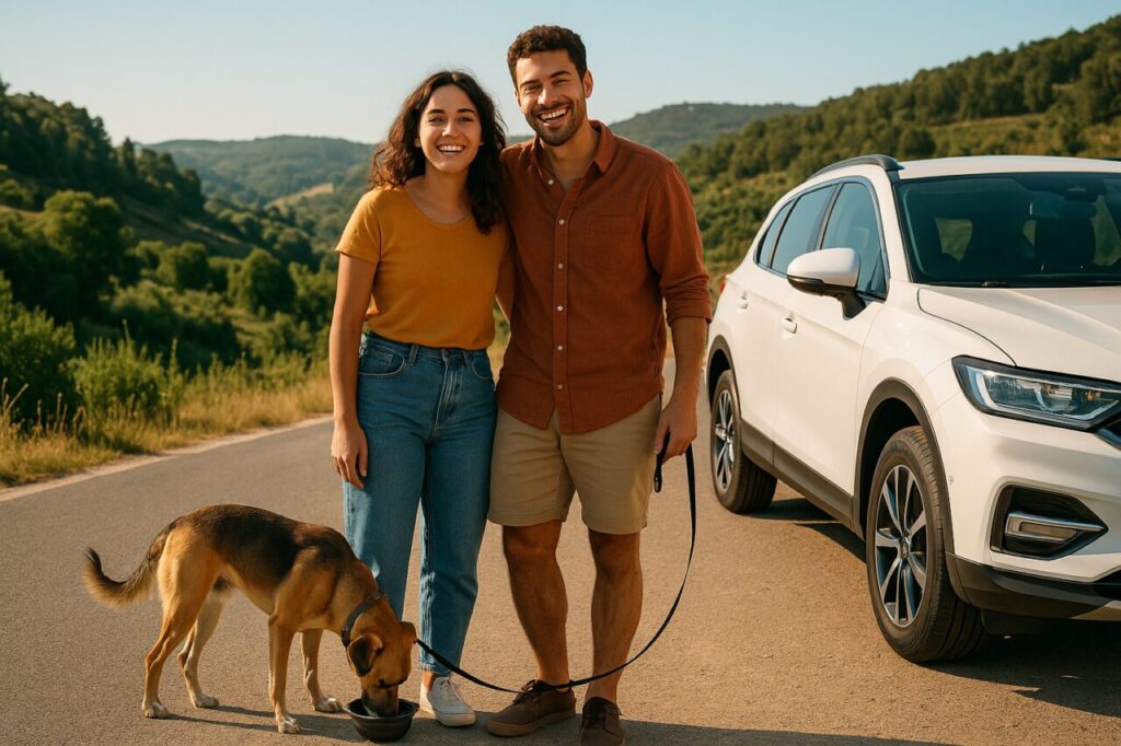 Casal português em viagem de carro em renting com cão, fazendo paragem de descanso numa estrada em Portugal