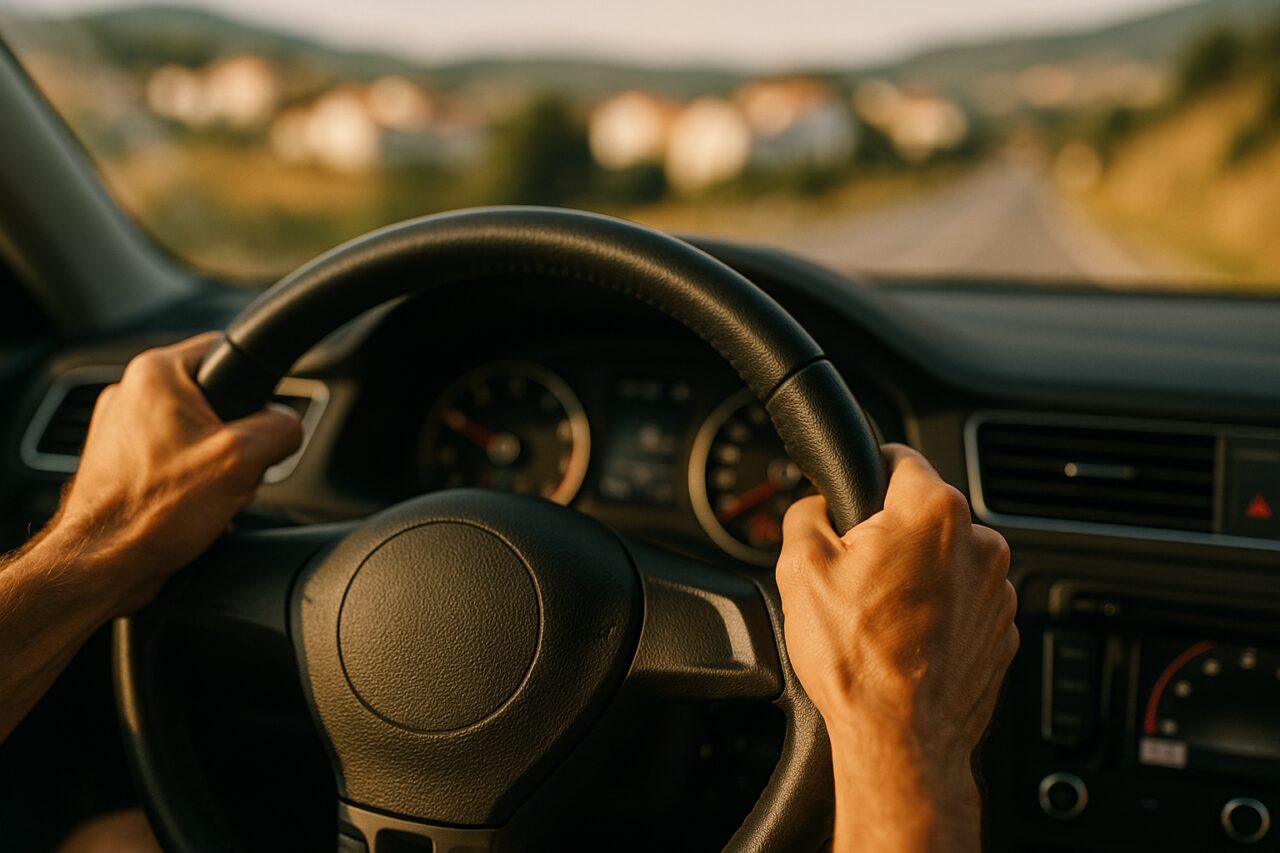 Condutor com as mãos no volante a sentir vibração enquanto conduz em Portugal