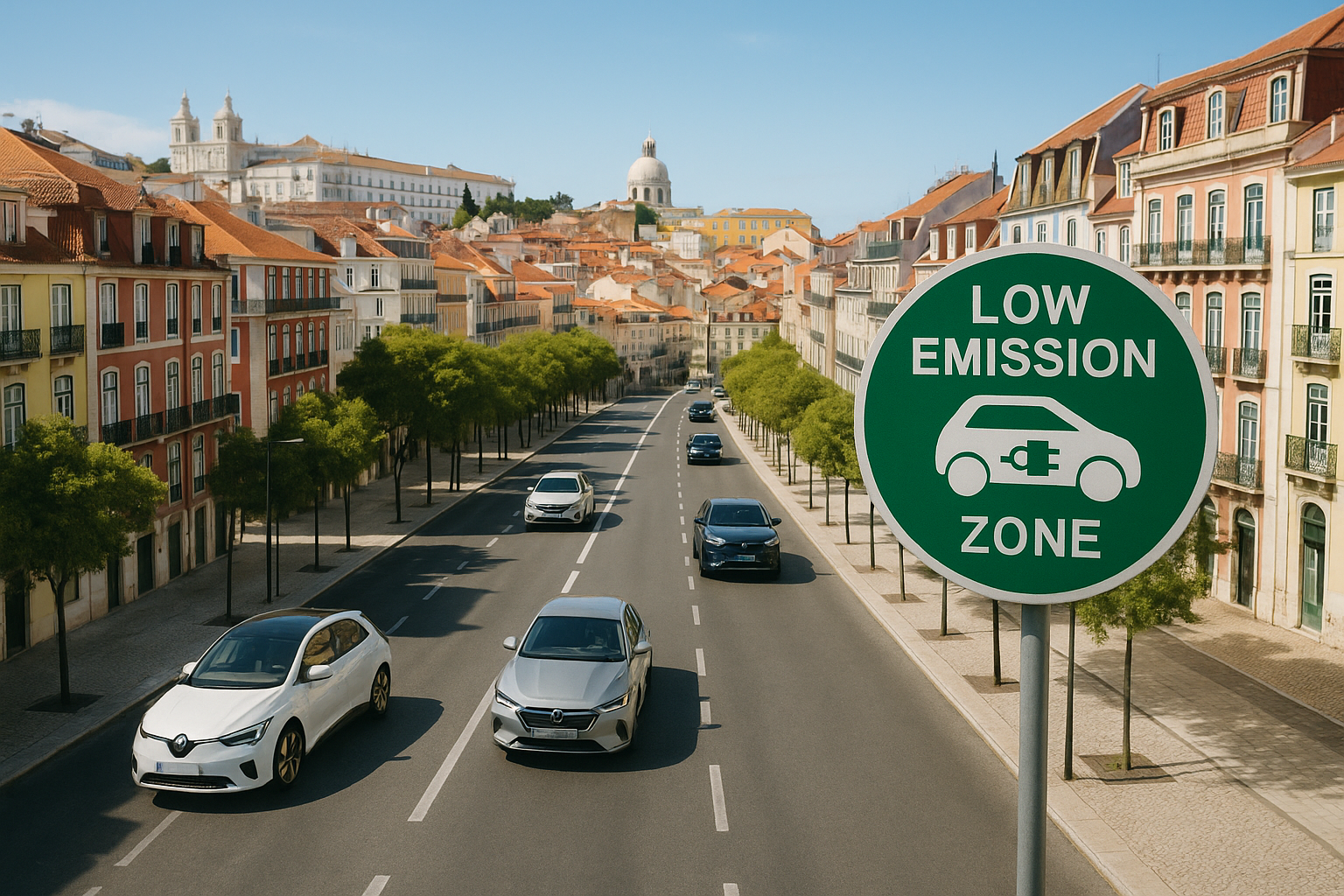 Zona de Baixas Emissões em Lisboa com veículos elétricos e híbridos em circulação sustentável